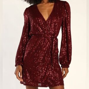 Lulus Sparkly Darling Burgundy Sequin Long Sleeved Wrap Dress